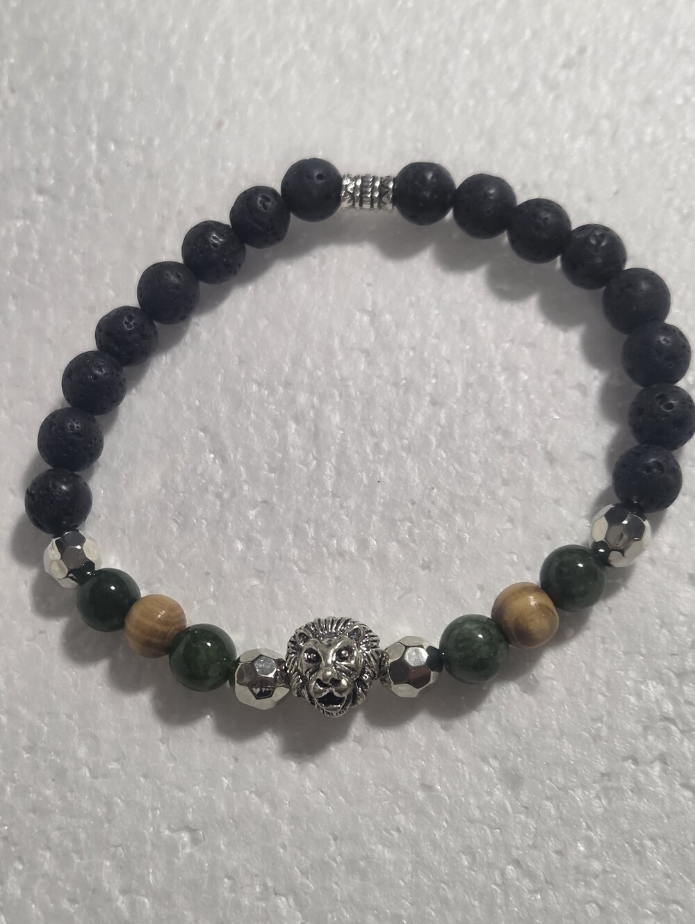 Handcrafted Lion Head Black Lava & Green Bead Stretch Bracelet